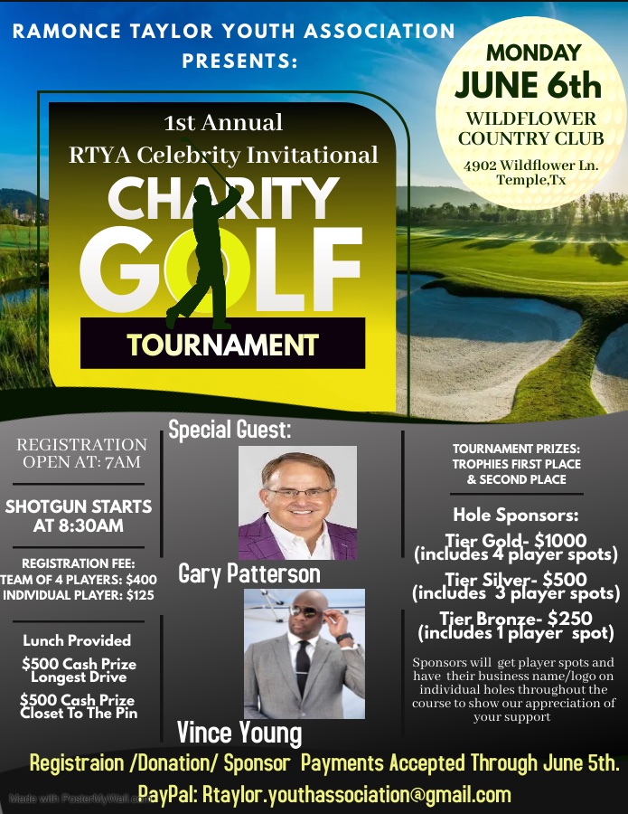 Register for our 1st Annual RTYA Celebrity Invitational Charity Golf Tournament June 6th @ Wildflower Country Club Temple,Tx 

<a href="/VinceYoung10/">Mr. Young</a> <a href="/FBCoachP/">Gary Patterson</a> 

#DoItForTheKids