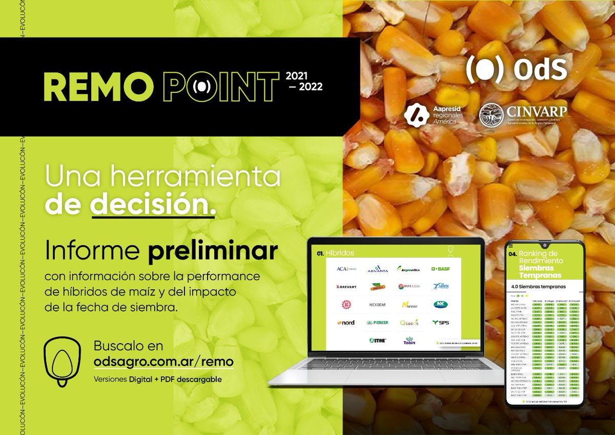 OdSagro's tweet photo. A mayores costos directos de inversión en #maíz, elegir la genética que brinde mayor seguridad en esa inversión es clave.
🆕Para saber qué híbrido sembrar ya podés consultar el INFORME PRELIMINAR de #RemoPoint 🚜🌽.
👉https://t.co/98VR3lsNfi
#AgroDecisiones #MaízTardío https://t.co/Fhpnx6YTke