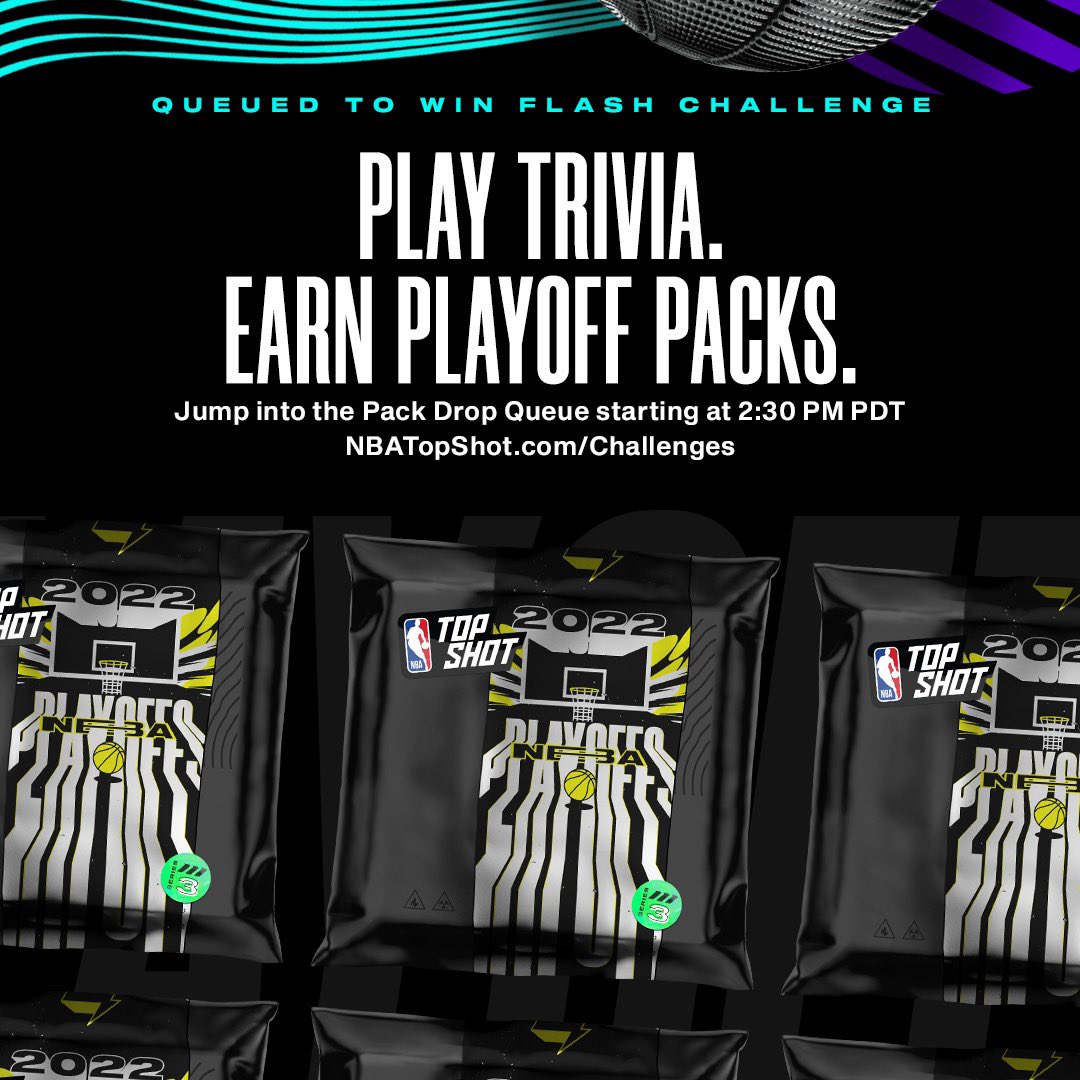 NBATopShot's tweet photo. ✅ Play Trivia
✅ Earn yourself an #NBAPlayoffs Pack

Don’t miss out 👀 

Hop into the queue stream starting at 2:30 PM PDT ➡️ https://t.co/pA0rGoL7gM https://t.co/dYgD9zix7X