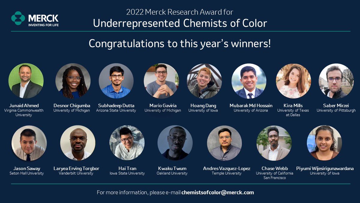 jobligac's tweet photo. Congratulations to this year’s winners of the Merck Research Award for Underrepresented Chemists of Color!!! 👏👏👏🎉🎊🥳 #MerckChemistry #chemistsofcolor https://t.co/9ibHfTvShR