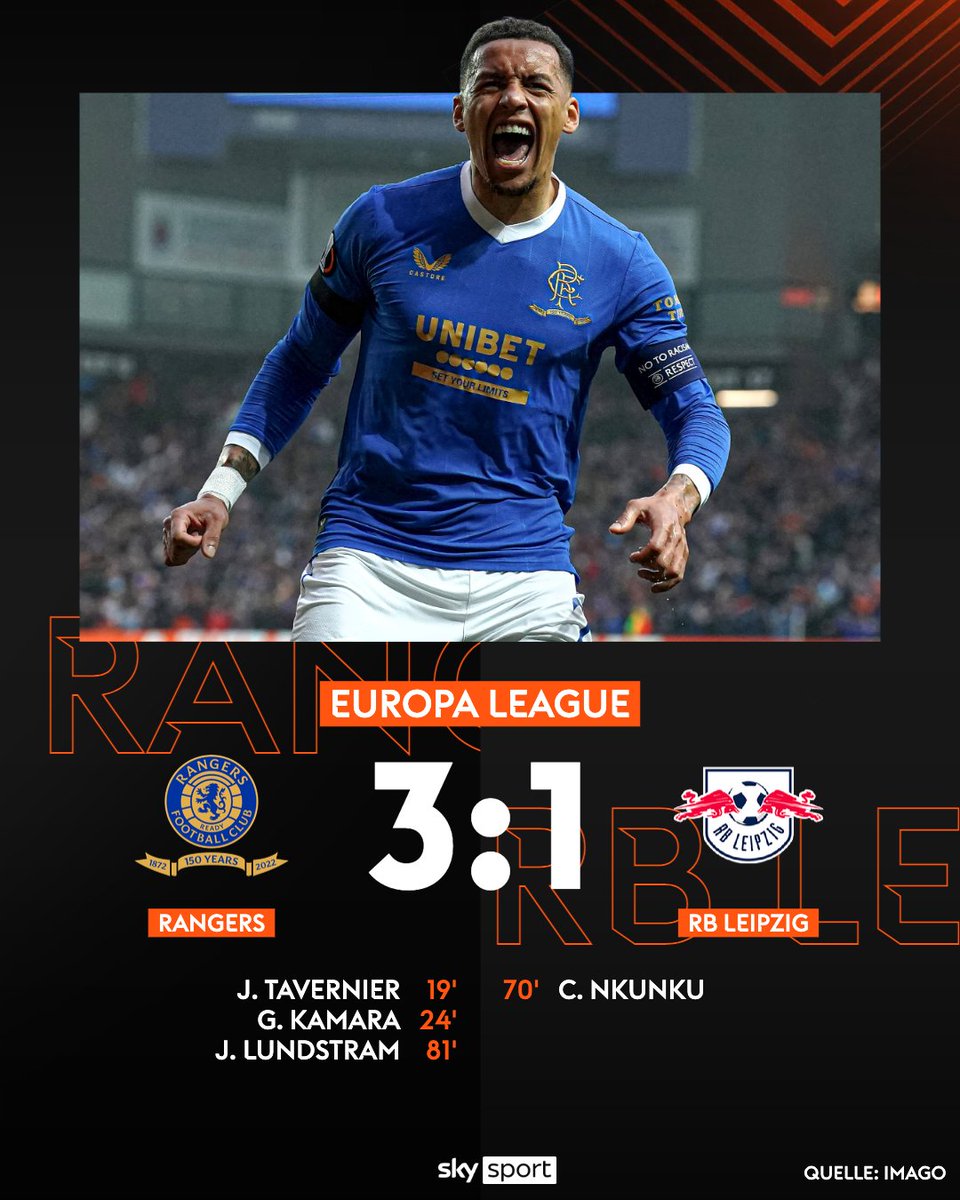 SkySportDE's tweet photo. Aus der Traum vom deutschen Endspiel - RB Leipzig verpasst das Europa-League-Finale. Die Rangers aus Glasgow treffen auf die SGE! 🔥⚽

#UEL #RFCRBL https://t.co/KpNyFBmJ5h