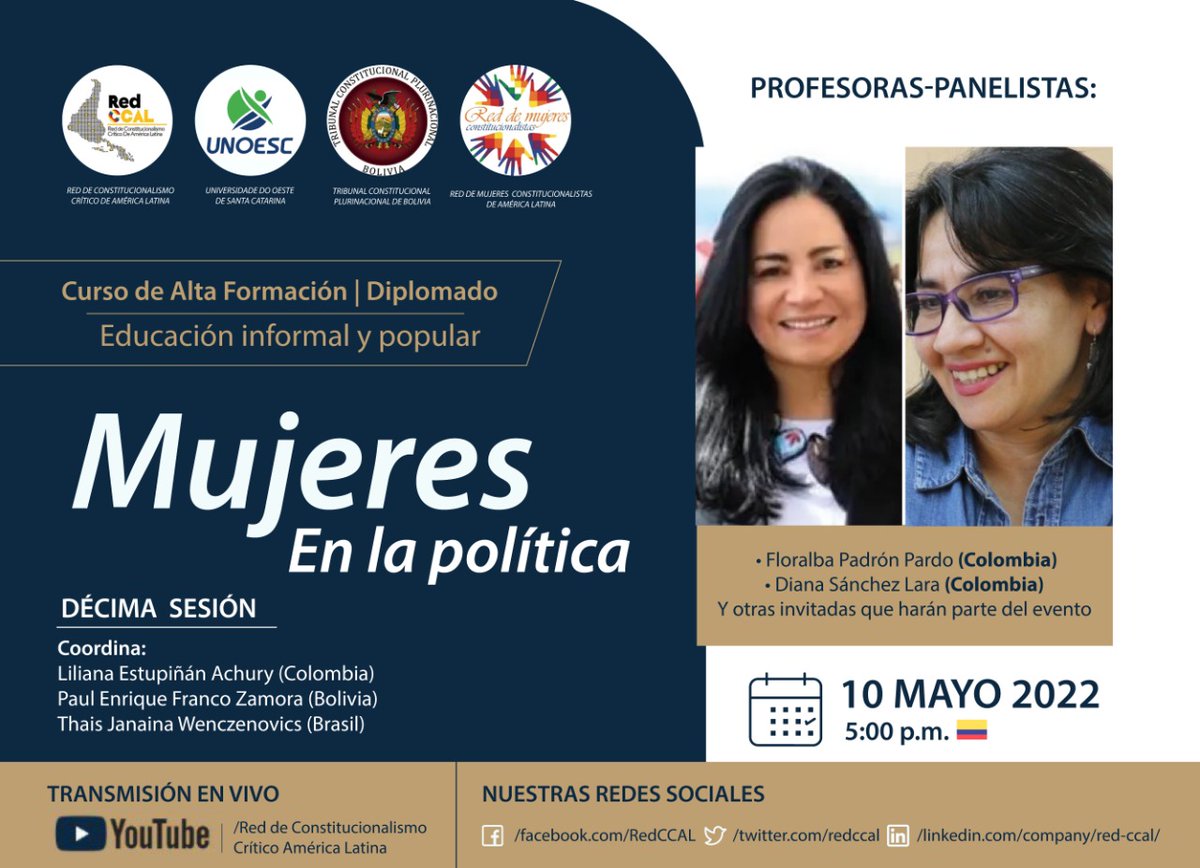 redccal's tweet photo. 👋¡Saludos!
Los/as invitamos a nuestra décima sesión-Mujeres en la política.
📆10 de mayo, hora 5:00 pm (🇨🇴).
📌Participación especial de Floralba Padrón Pardo, Diana Sánchez Lara y otras integrantes de #RedCCAL https://t.co/YGpU7WAXIk