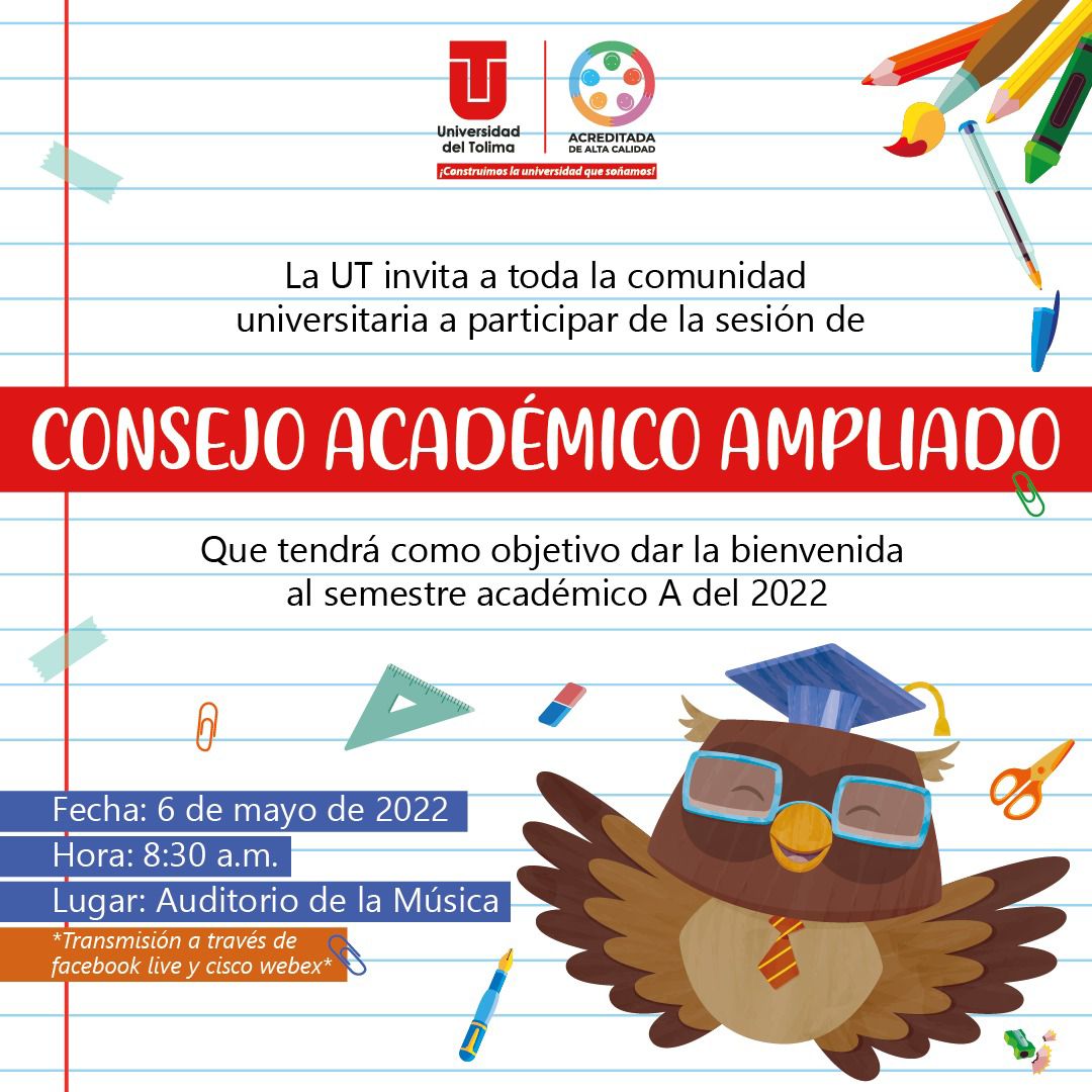 Uni_Tolima's tweet photo. #LaUTInforma | Te esperamos mañana en el Consejo Académico 📚 Ampliado.
Día: Viernes 6 de mayo.
Hora: 8:30 a.m.
Lugar: Auditorio de la Música.
Únete en el siguiente link 👉🏼👉🏼👉🏼https://t.co/VQ0YVGB0ZB https://t.co/Sdaz6UjTOW