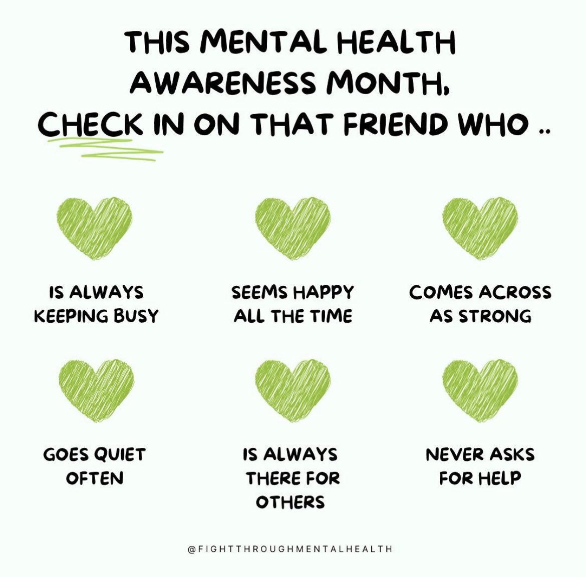 ATtackingMH's tweet photo. Most times it’s hard to see from the outside what people may be battling with internally. It’s always a good idea to check in on your friends and family, you never know what type of internal battle they may be facing. 💚

pc: @FightThroughMH https://t.co/YyYtab4IB3