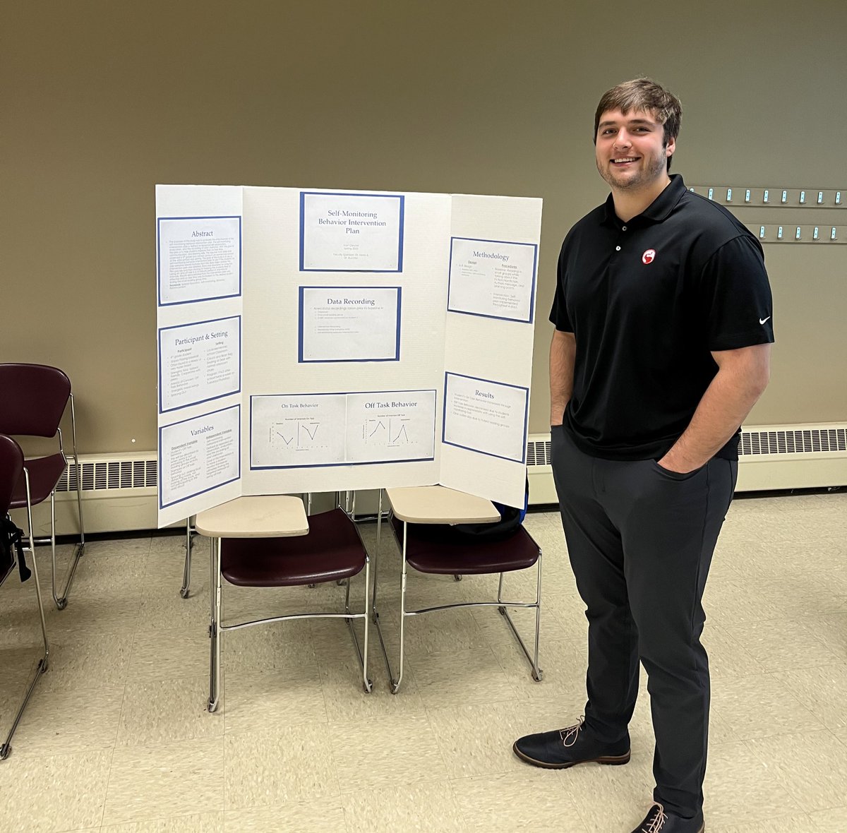 Proud of our OL <a href="/ivan_gleyzer77/">Ivan Gleyzer</a> 🤓🤓for presenting his research on Self Monitoring Behavior Interventions! 📚📚Did a great job! Way to finish strong in the classroom!! 🎓 

🔵⚪️🔵⚪️

#LeadFromTheFront
#ScoreMore
#Take25
