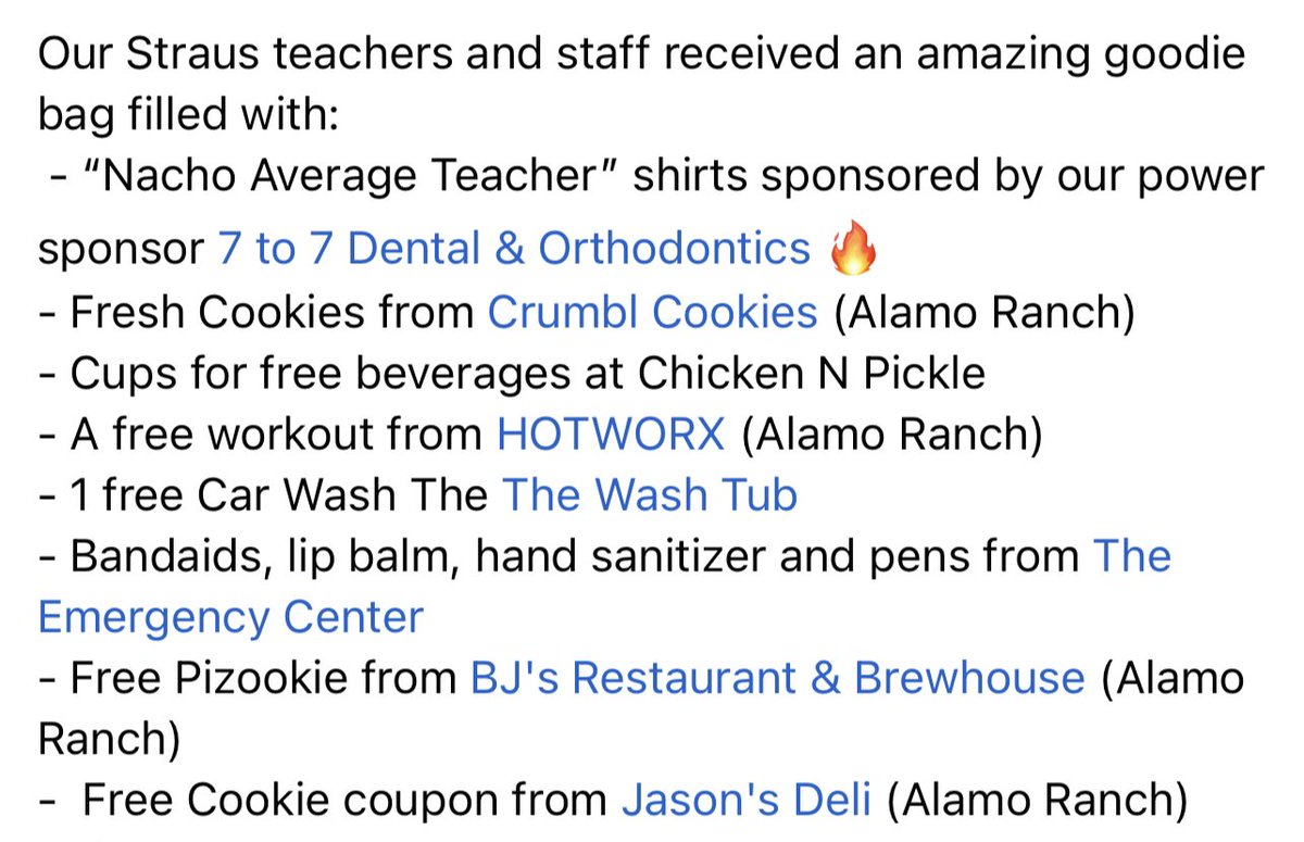 NISDStrausPTA's tweet photo. 🎁 What’s an Appreciation Week Without Something to Unwrap?  🎁

Our teachers &amp; staff each received an amazing goody bag filled with treats. We can’t possibly convey our thanks in 140 characters 😱 so make sure and check out the list below! @NISDStraus 

#teachersappreciationweek https://t.co/4AZDZxymcd