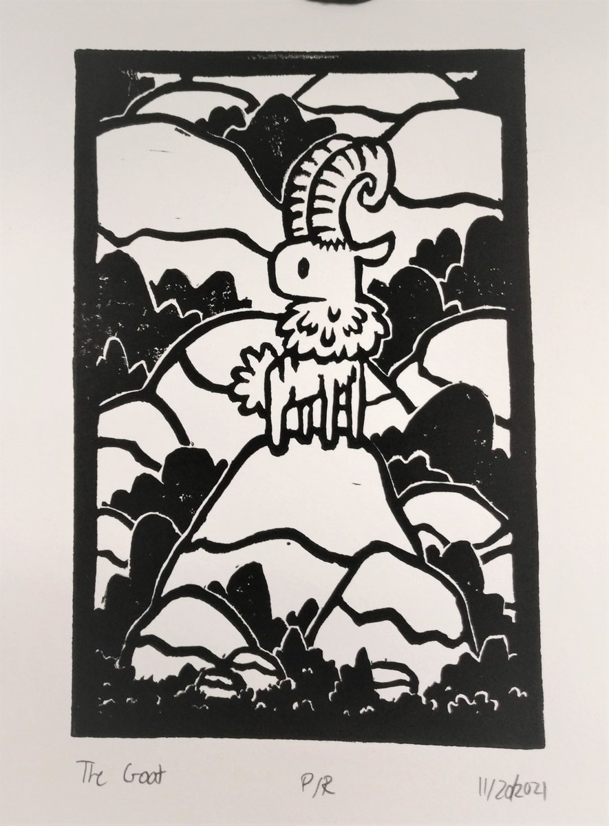 themuseturtle's tweet photo. The Goat, the second print for my Creature Series. The goat, swift and nimble, traverses the rocky terrain with ease. https://t.co/JqBORo6BpA