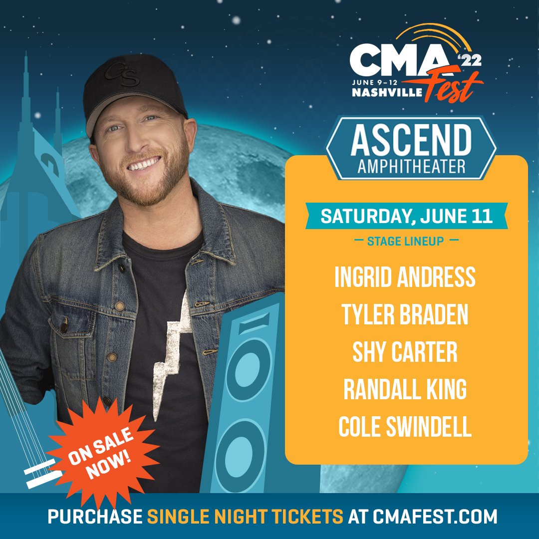 There's nothing better than a summer Saturday night!! 🔥🙌 Don’t miss @IngridAndress, @TylerBraden, @ShyCarter, @RandallKingBand, and @ColeSwindell on the #CMAfest @Ascend_Amp Stage Saturday, June 11! Buy your tickets here: CMAfest.com/stages/ascend-…