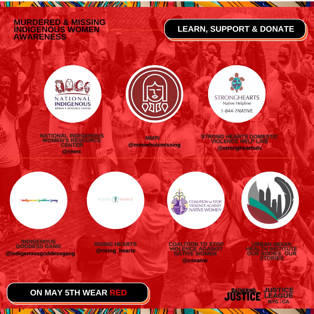 Follow these organizations to learn more about how you can take action, donate and support.

<a href="/niwrc/">National Indigenous Women's Resource Center</a> 
<a href="/MMIWhoismissing/">MMIP | Whoismissing</a> 
<a href="/CSVANW/">CSVANW</a> 
<a href="/strongheartsdv/">strongheartsdv</a> 
<a href="/_RisingHearts/">Rising Hearts</a> 
<a href="/GangIndigenous/">Indigenous Goddess Gang</a> 
<a href="/TheUIHI/">Urban Indian Health Institute</a> 

#MMIW #MMIR #MMIWG #NoMoreStolenRelatives