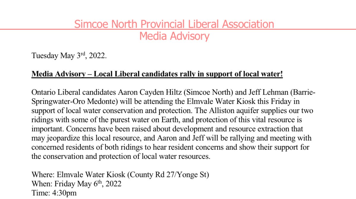 Come join us at the Elmvale Flow this Friday, May 6 at 4:30 PM to meet local liberal candidates Aaron Cayden Hiltz (Simcoe North) and Jeff Lehman (Barrie, Springwater, Oro Medonte) and ask them to Save our Water!!