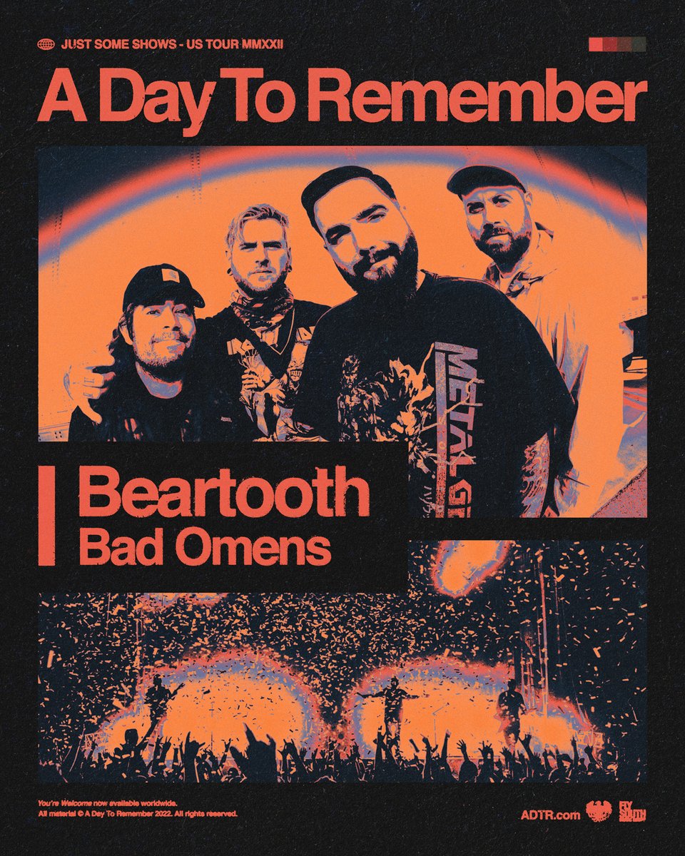 BEARTOOTHband's tweet photo. We are SO PUMPED to be going out with @adtr this summer alongside @badomenscult (ft. @theghostinside on select dates!). Tickets go on sale next Thursday May 12th at 10am local time at https://t.co/QQRJrQufSQ! https://t.co/h8rUearpSr