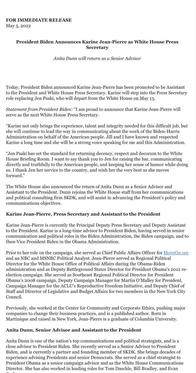 KJP46's tweet image. Thank you ⁦@POTUS⁩ and @FLOTUS for this opportunity. It is a true honor. I look forward to serving this Administration and the American people. I have big shoes to fill. @PressSec has been a great friend, mentor and excellent press secretary.