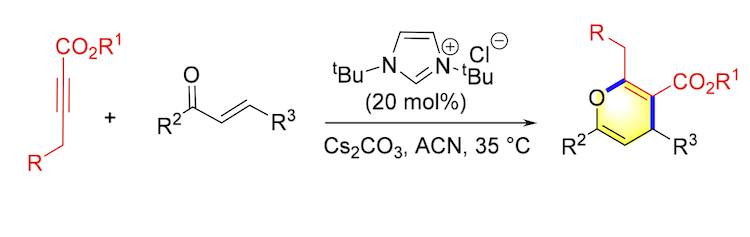 Szostak_Group's tweet photo. #NHCs #NHeterocyclicCarbenes Yao group et al reported an efficient formal #organocatalyzed [2 + 4] annulation of #alkynyl esters &amp; #chalcones. Highly substituted 4H-pyrans. ItBu is the best catalyst! @Tianyue_Dai @JOC_OL 

https://t.co/VFNe2AOFrv https://t.co/FGn2hDChlQ