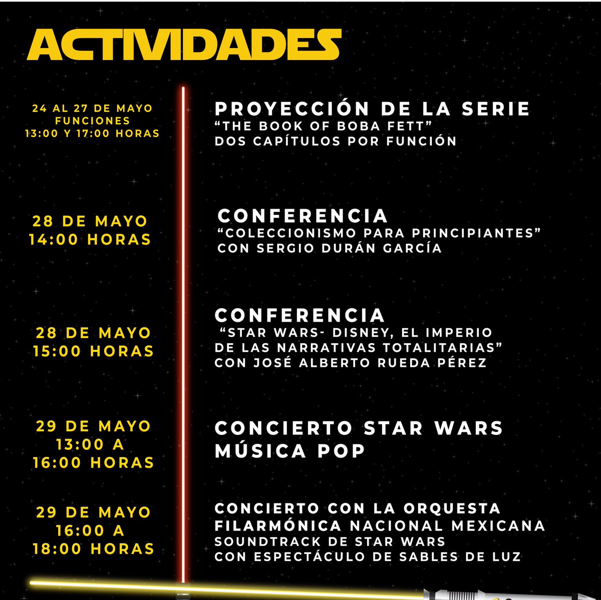 TuAlcaldiaGAM's tweet photo. #TuAlcaldíaGAM te invita a la EXPO STAR WARS del 1️⃣2️⃣ al 2️⃣9️⃣ de mayo en las instalaciones del Centro Cultural Futurama. ¡No faltes! 🙌
✨Conferencias
💫Exhibición de combate con sable de luz real
✨Concierto con espectáculo de sables
💫Proyección “The Book of Boba Fett” https://t.co/l1EreNian9