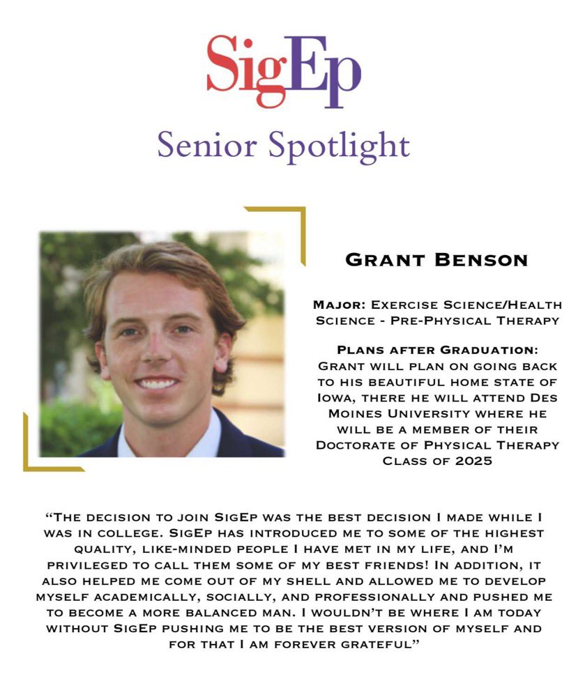 Our fourth Senior Spotlight goes out to Iowa native, Grant Benson! 

We are proud to call you a brother and appreciate your hard work! Des Moines is lucky to have you!