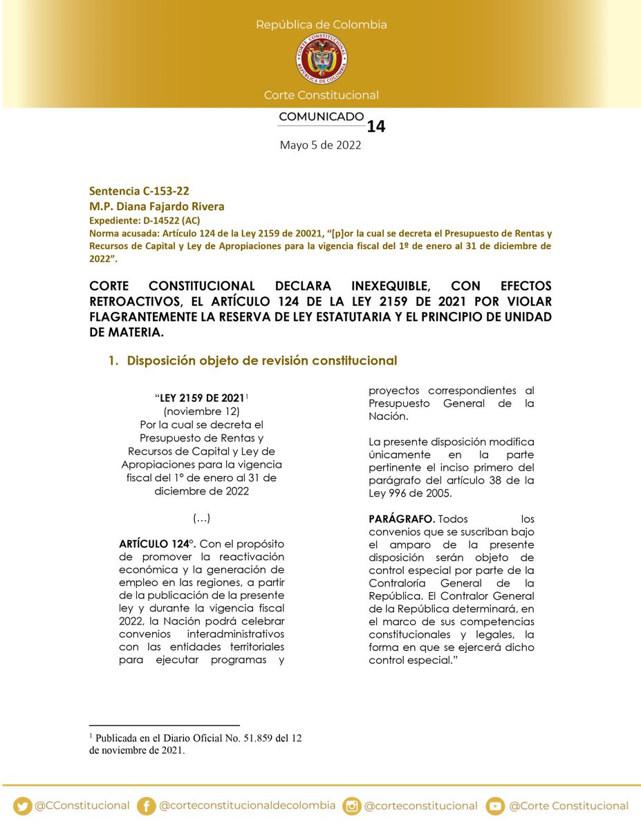CConstitucional's tweet photo. #LaCorteInforma 📰| Corte Constitucional declara inexequible, con efectos retroactivos (a partir de su expedición), el artículo 124 de la Ley 2159 de 2021 por violar flagrantemente la reserva de ley estatutaria y el principio de unidad de materia. https://t.co/r5ywbpF14W