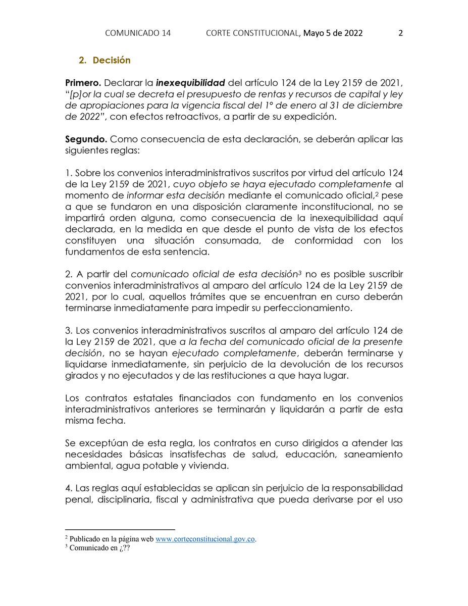 CConstitucional's tweet photo. #LaCorteInforma 📰| Corte Constitucional declara inexequible, con efectos retroactivos (a partir de su expedición), el artículo 124 de la Ley 2159 de 2021 por violar flagrantemente la reserva de ley estatutaria y el principio de unidad de materia. https://t.co/r5ywbpF14W