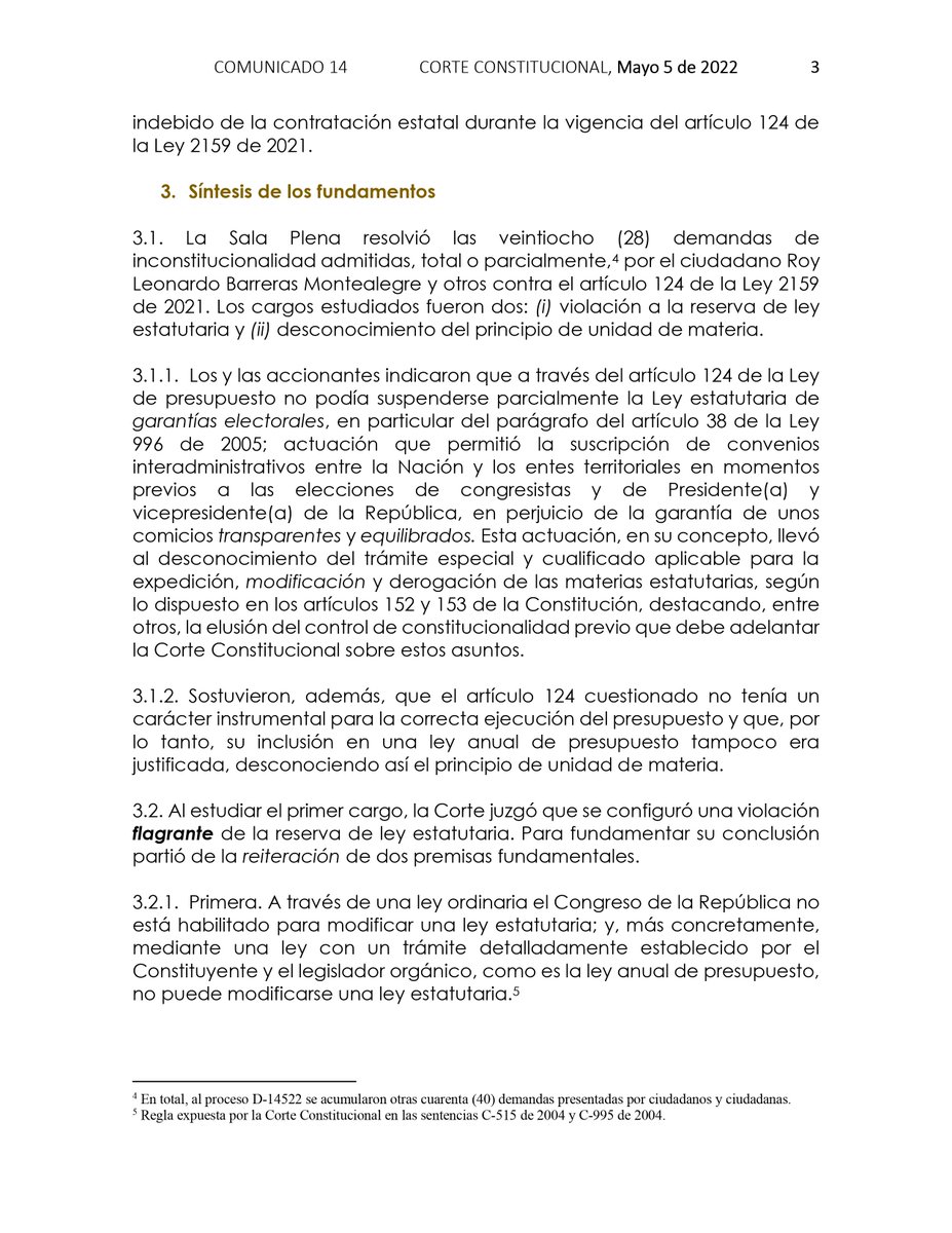 CConstitucional's tweet photo. #LaCorteInforma 📰| Corte Constitucional declara inexequible, con efectos retroactivos (a partir de su expedición), el artículo 124 de la Ley 2159 de 2021 por violar flagrantemente la reserva de ley estatutaria y el principio de unidad de materia. https://t.co/r5ywbpF14W