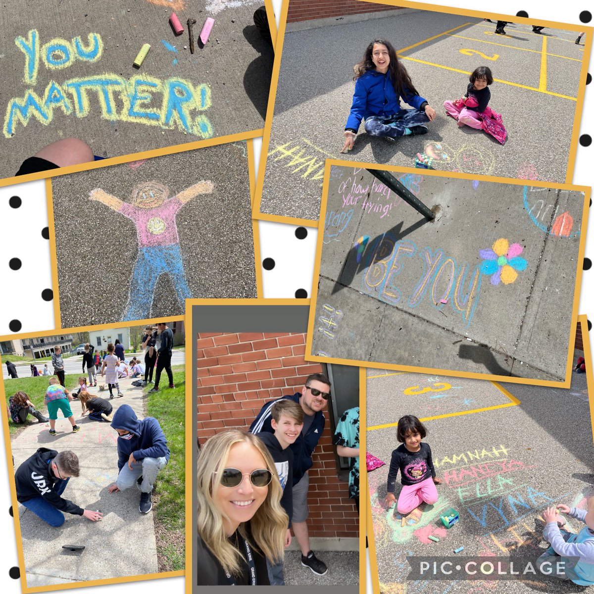 Mrs_Delfino_70's tweet photo. Students participated in our “Chalk It Up” event to spread positive messages around our school community. Thank you to our Wellness Club for your amazing leadership today! #GEBeWell #MentalHealthAwarenessWeek @GrandviewGrizz @GEDSB https://t.co/0IDR82Xznf