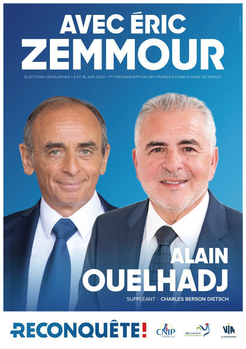OuelhadjAlain's tweet photo. Avec Éric Zemmour pour le parti @Reconquete_off ! Pour représenter les français de l’étranger d’Amérique du Nord 
#legislative2022 https://t.co/vtELgSvdWQ