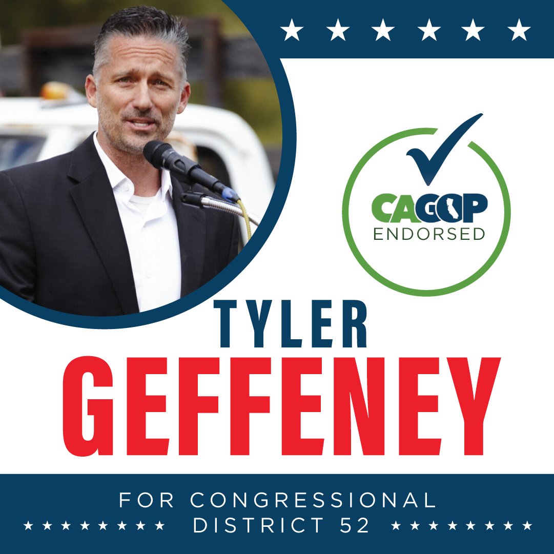 CAGOP's tweet photo. CAGOP is proud to endorse Tyler Geffeney in Congressional District 52! #CD52 #VoteRed https://t.co/uOPZvAFpBw