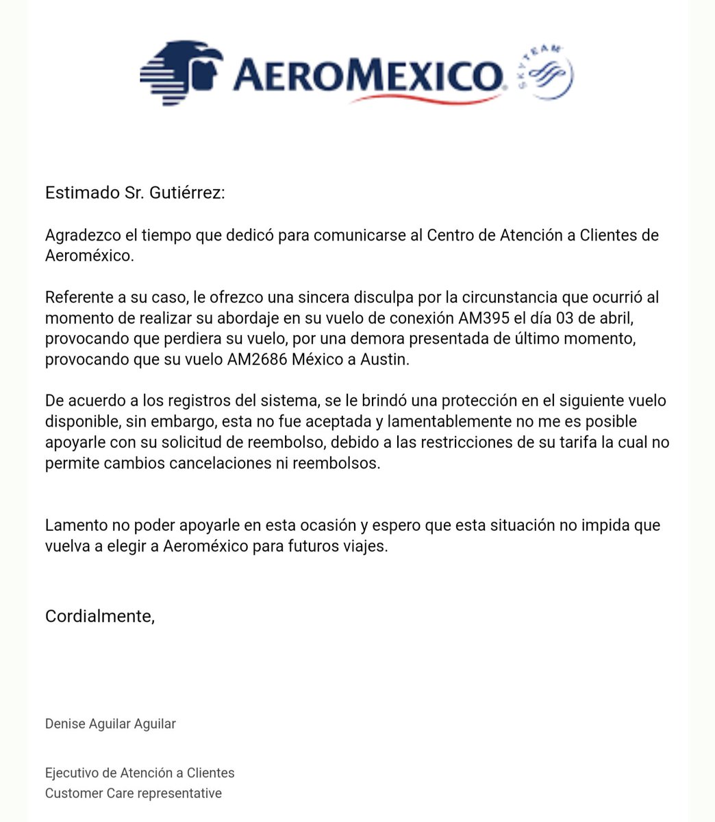 mgtzo's tweet photo. La respuesta de su ejecutiva vía correo fue una burla. Les pido que me reembolsen el vuelo que tuve que comprar por las deficiencias logísticas y operativas de su empresa. Espero su respuesta. https://t.co/XUeReHZfrK