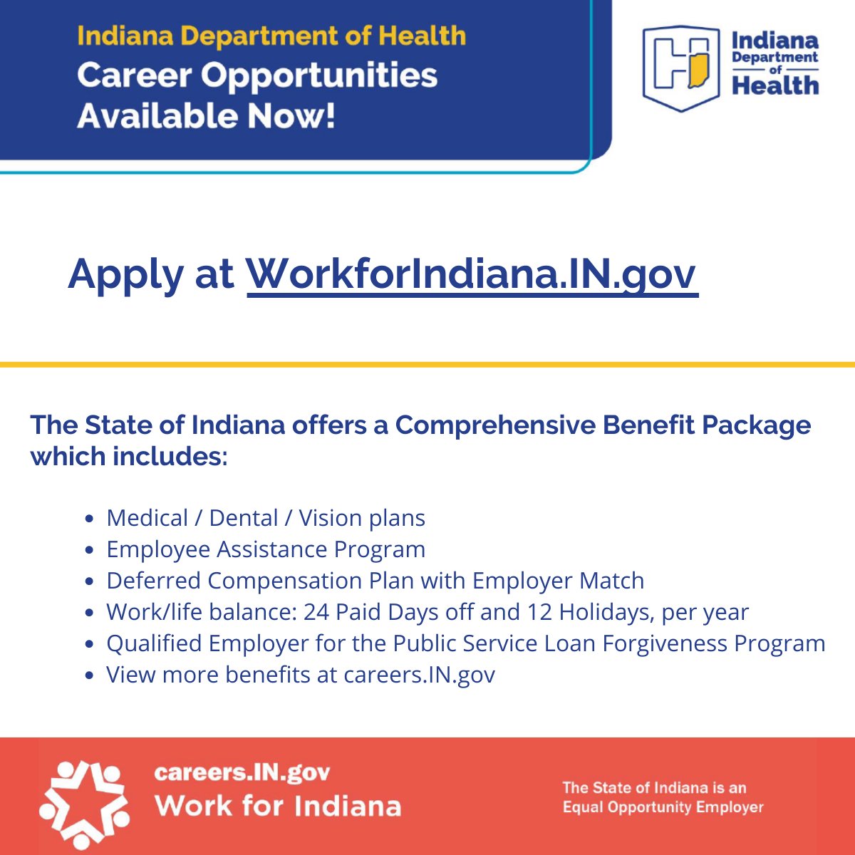 StateHealthIN's tweet photo. Are you interested in #publicservice and have a desire to promote, protect and improve the #health and safety of all Hoosiers?
This Public Service Recognition Week #PSRW, learn about the career opportunities available at @StateHealthIN π https://t.co/HK4Np0gVGm #INAppreciation https://t.co/w9JM4Yx8gW