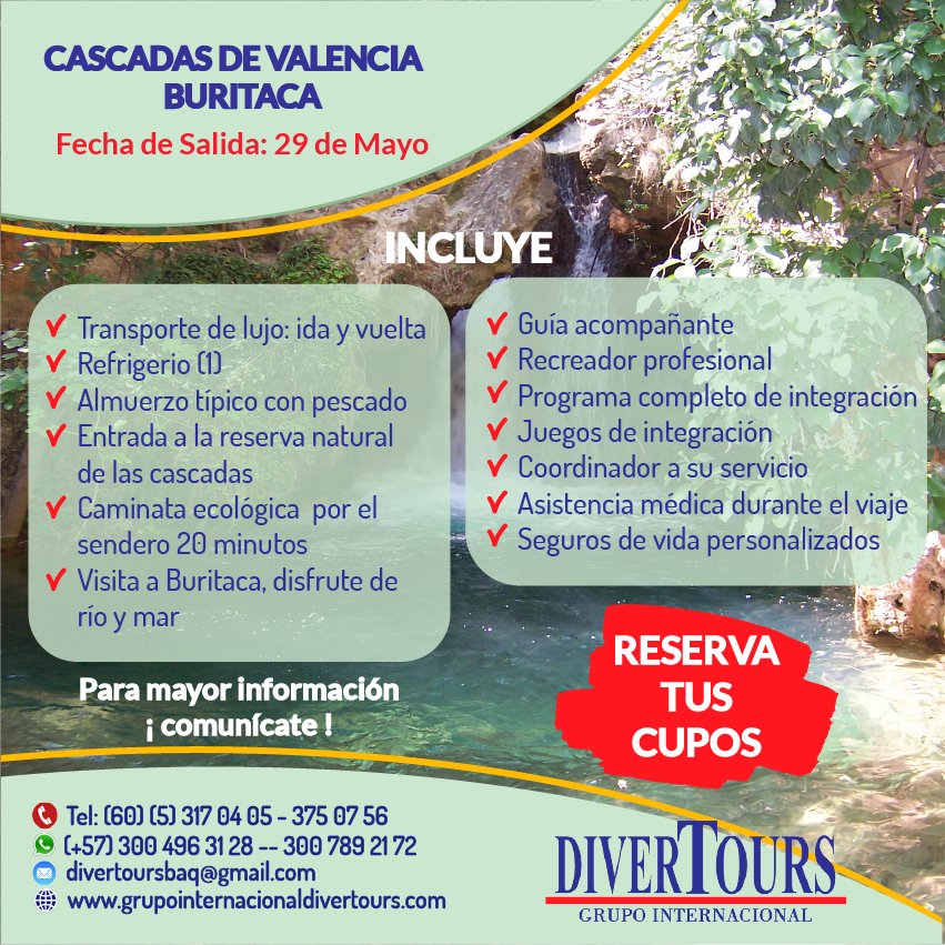 Divertoursltda's tweet photo. Sensacional salida para este 29 de mayo 
Cotiza y asegura el cupo para tu grupo
¡¡ Contáctanos !!
divertoursbaq@gmail.com
Tel: (60) (5) 317 04 05 - 375 07 56
(+57) 300 496 31 28 -- 300 789 21 72 
https://t.co/5zpyjDiBiI https://t.co/DEE6s7AQfX