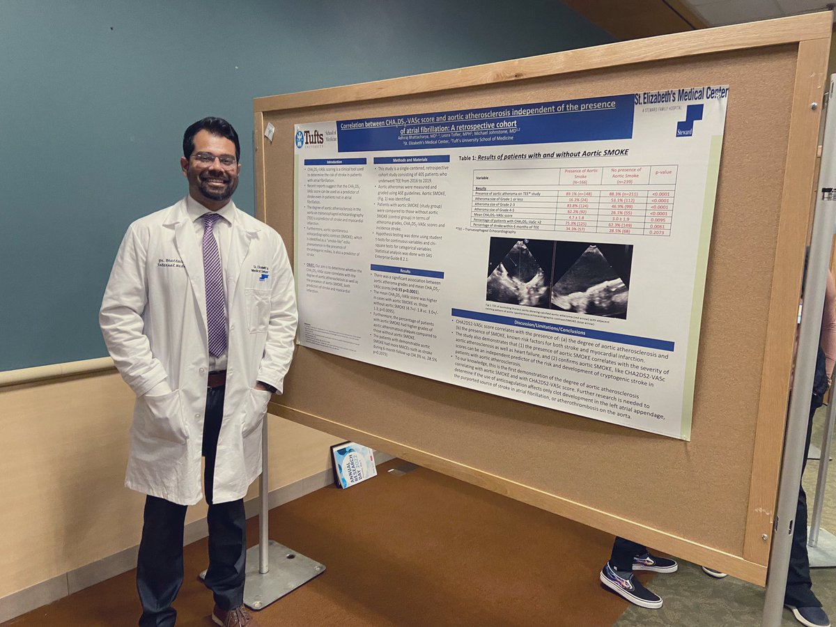 Raj84MD's tweet photo. Presenting my poster on “Correlation between CHADVASc scores and aortic atherosclerosis independent of the presence of Afib: A retrospective cohort study” at @StElizabethsMC research day 2022! #CardioTwitter #MedTwitter https://t.co/ikPiTIBgLp