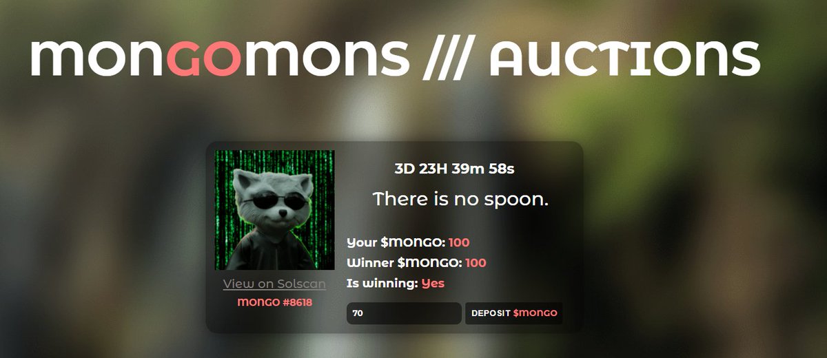 Hey Mongos, we are pleased to present you...

1/1 AUCTIONS
auctions.mongomons.com/auctions

First auction for the no spoon lord, Neo
#Matrix #KeanuReeves <a href="/TheMatrixMovie/">The Matrix Resurrections</a> #Solana