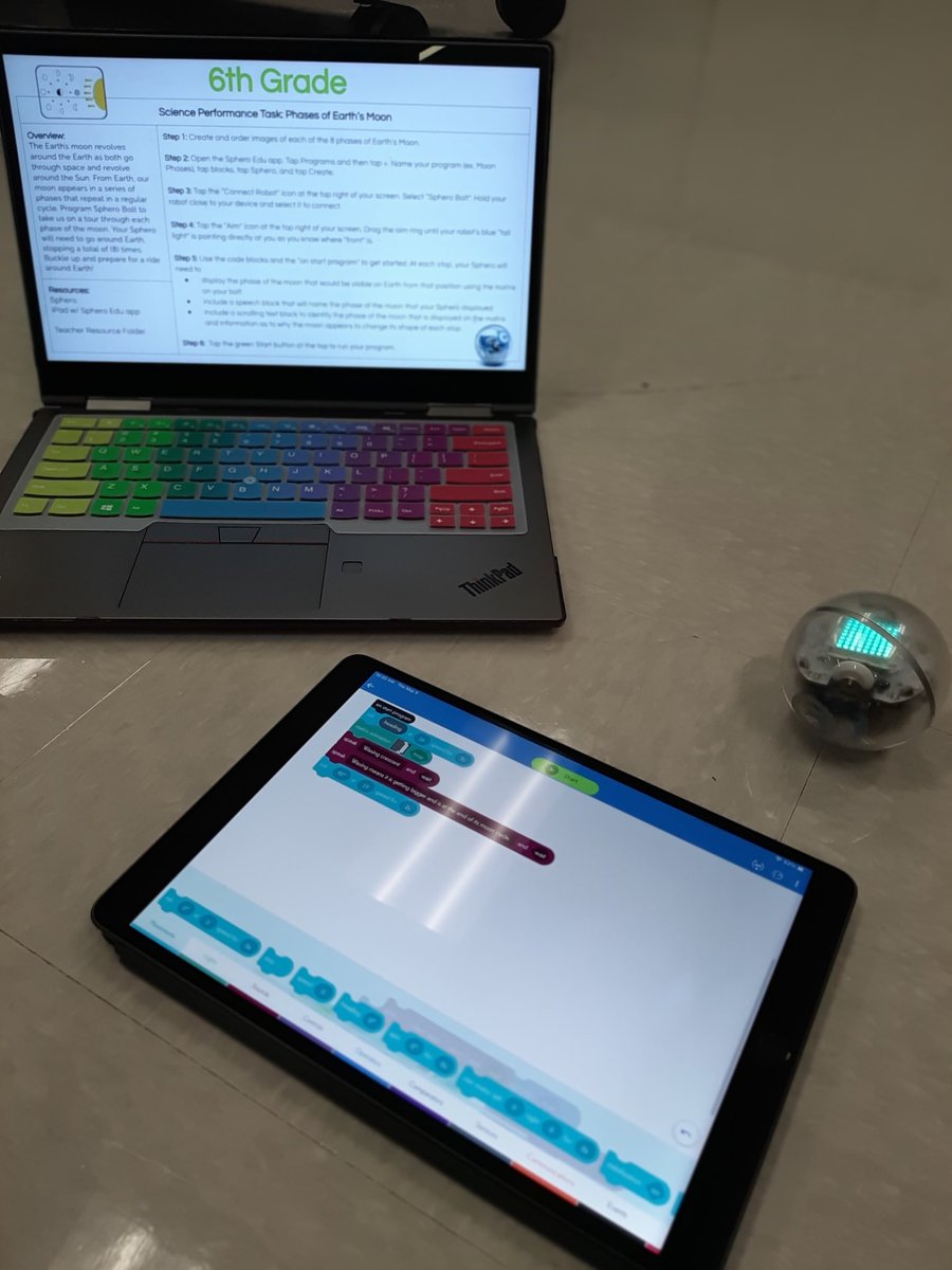 tanya_churchill's tweet photo. It's a good day to wonder...how long it will take to write a grade 6 curriculum connected task card for #sci6.E.1.1  moon phases w/ @SpheroEdu and learn how to code it to meet the goal...and to wonder who came to find me at my work to bring me a diet coke! #WonderWake  @wcpssdll https://t.co/2igLqM2bde