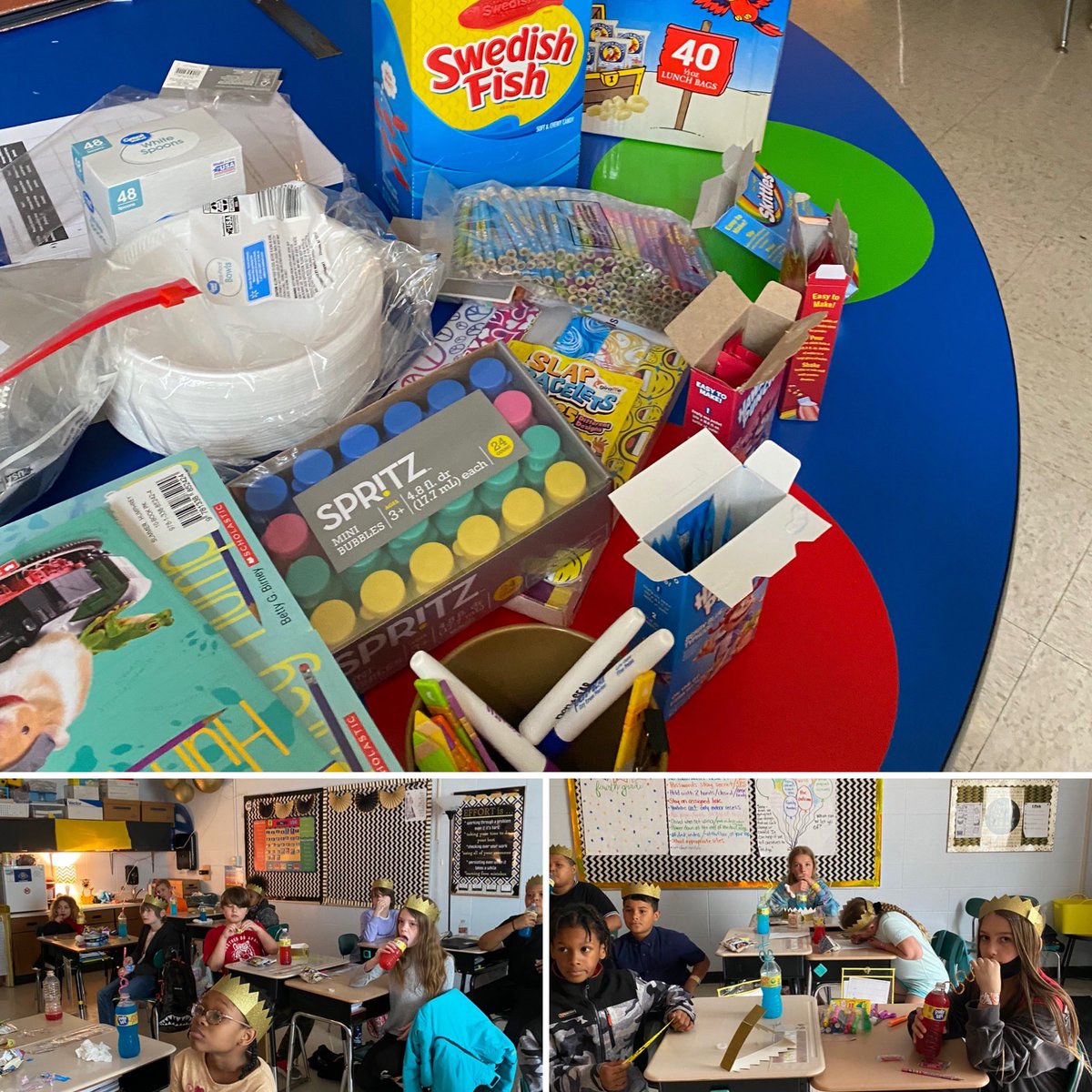 tigerteacher06's tweet photo. opened our box today for MAP celebration! icecream from @Raymore_PTA-so we had floats w/ silly straws! Movie &amp; popcorn, stem project, Swedish fish  “oh-fishally” done, slap bracelets, bubbles, water bottles w/ flavor packets, fun pencils, crowns, erasers, gel pens, &amp; a new book https://t.co/iplevEBtyC