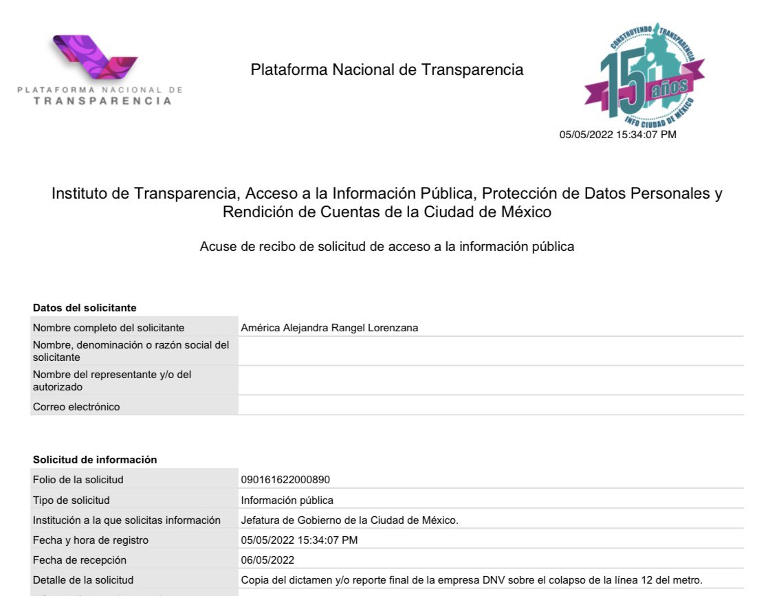 AmerangelLorenz's tweet image. Listo. Ya metí mi solicitud en la Plataforma Nacional de Transparencia para que nos entreguen el reporte de DNV.

La próxima semana también lo exigiremos en el @Congreso_CdMex, después amparos y todo lo que sea necesario para que paguen los responsables de la #Línea12.