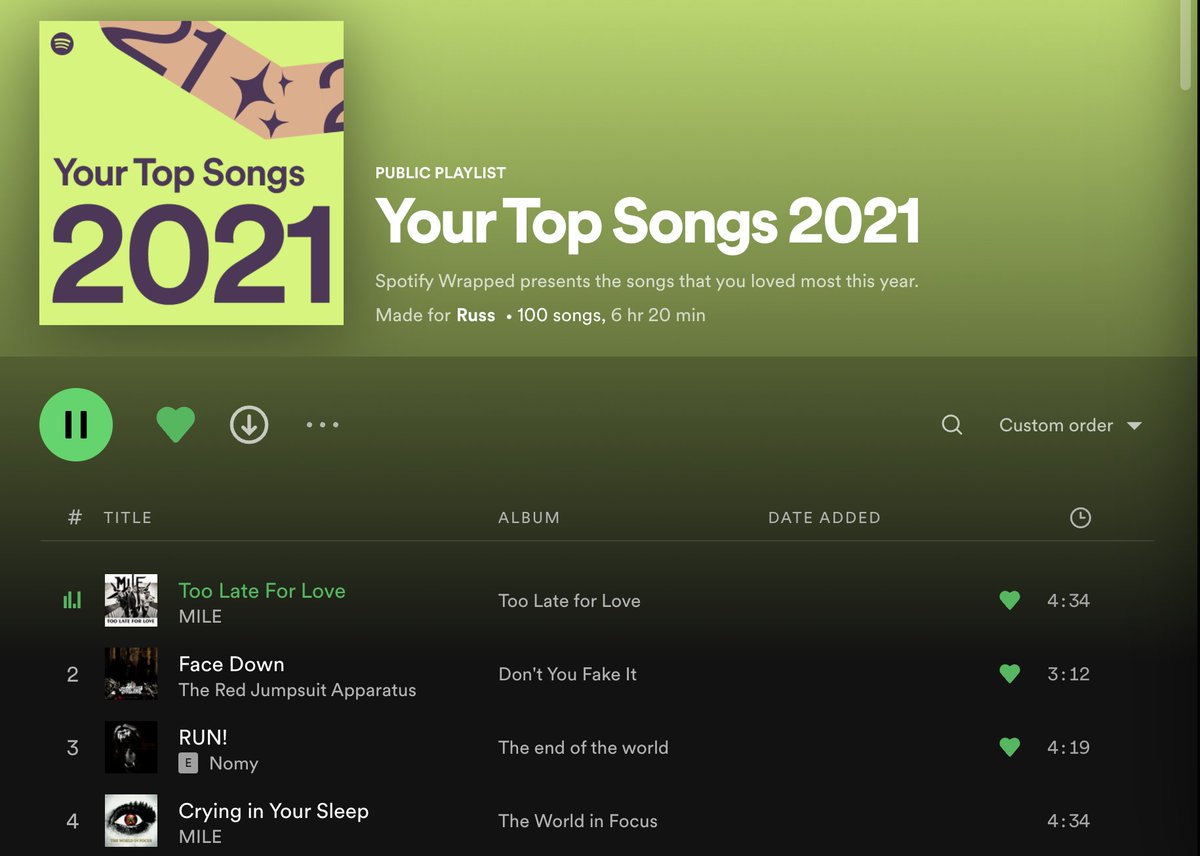 Russell_S_Smith's tweet photo. So, 5 months in to 2022, totally forgot to share my tastes! @redjumpsuit sorry, you’re relegated to number 2, still love the tune though! 2021 was a hard year, top tunes reflect that @bandmileswe welcome to number 1 (even hijacked a mates wedding with you!)  @Nomy_Official ❤️#3! https://t.co/Jkj3jk2oSM