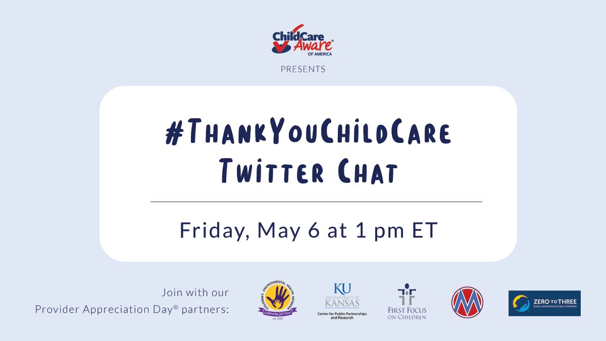 Join us, along with <a href="/childcareaware/">Child Care Aware of America</a>, on Friday, May 6 at 1 pm ET to say #thankyouchildcare and celebrate all that #childcare providers have done in the past year. hubs.li/Q018_FxC0