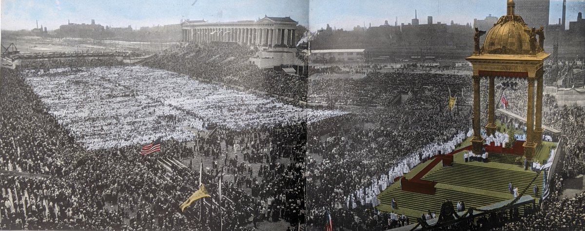 FrLavery's tweet photo. The Eucharistic Congress in Chicago (1926) when Catholics actually believed in the Real Presence of Jesus in the Holy Eucharist (real Catholics still do; Bergoglio doesn't). 62,000 children in white (middle photo) sang the Mass of the Angels in the stadium. 350k faithful attend. https://t.co/fhxgLUiwyq