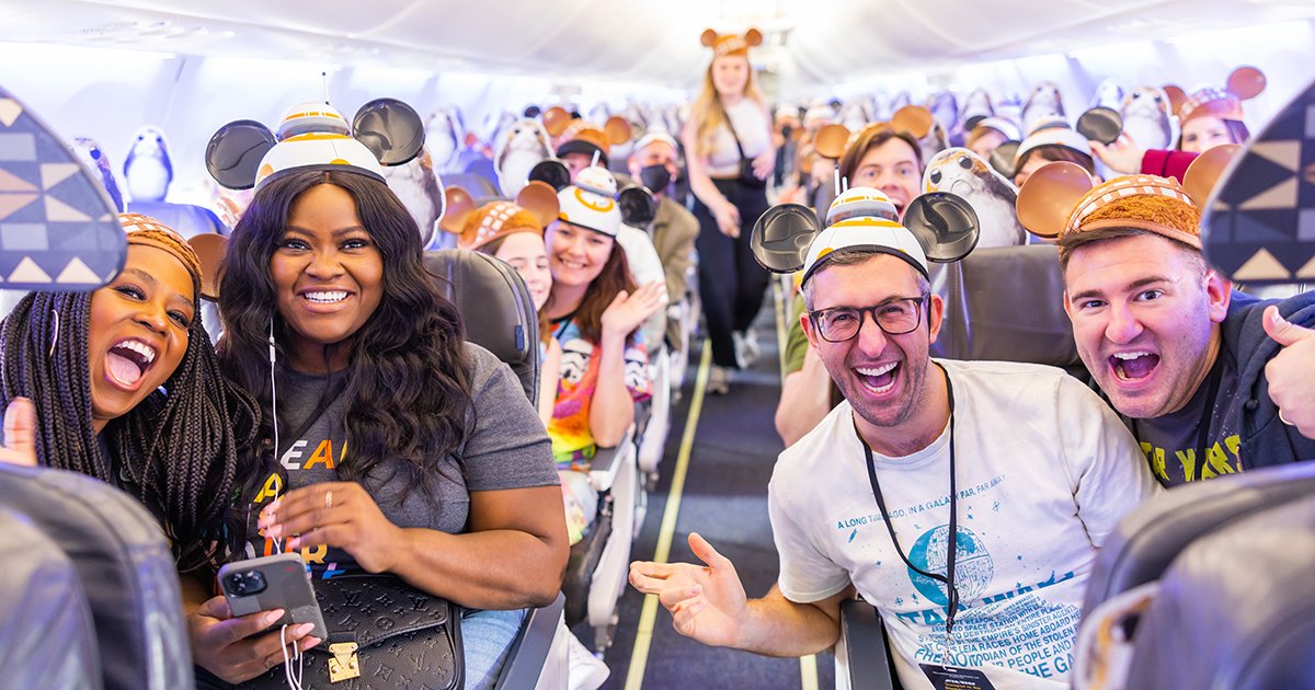 AlaskaAir's tweet photo. Yesterday, we celebrated the inaugural flight of our newest aircraft, Star Wars Transport to the Disneyland® Resort, where travelers (that’s “guests” in Batuu!) were transported to another world on their way to visit the aircraft’s inspiration, Star Wars: Galaxy’s Edge. https://t.co/1virMv7GTa