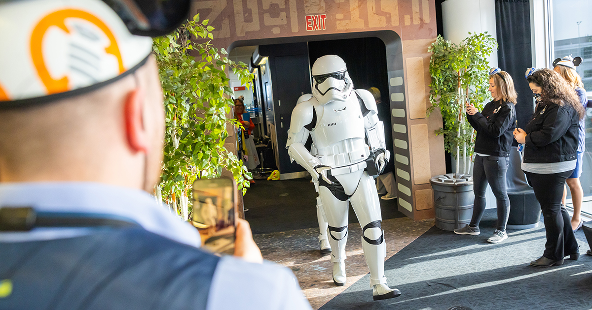 AlaskaAir's tweet photo. Yesterday, we celebrated the inaugural flight of our newest aircraft, Star Wars Transport to the Disneyland® Resort, where travelers (that’s “guests” in Batuu!) were transported to another world on their way to visit the aircraft’s inspiration, Star Wars: Galaxy’s Edge. https://t.co/1virMv7GTa
