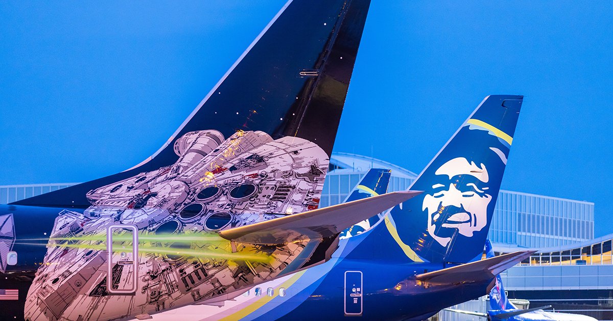 AlaskaAir's tweet photo. Yesterday, we celebrated the inaugural flight of our newest aircraft, Star Wars Transport to the Disneyland® Resort, where travelers (that’s “guests” in Batuu!) were transported to another world on their way to visit the aircraft’s inspiration, Star Wars: Galaxy’s Edge. https://t.co/1virMv7GTa