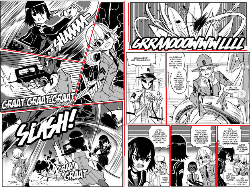 Something i just noticed: Dynamic and static paneling do not go well together.

This can work on webtoons but would become noticeable in print. 
