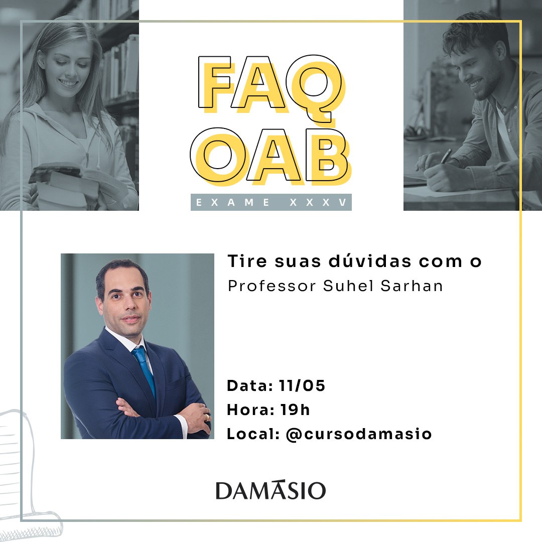 Damasio_Udi's tweet photo. O Damásio preparou um evento exclusivo para você tirar suas dúvidas sobre o Exame  XXXV da OAB. 
 
Ter dúvidas é normal, permanecer com elas atrapalha os estudos. 
 
Fique ligado, dia 11/05 às 19h, no perfil do @cursodamasio no Instagram. https://t.co/hRP53HVm45