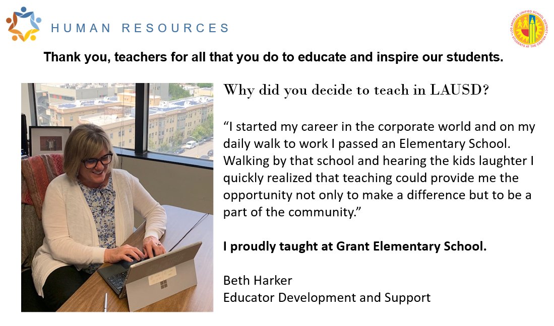 LAUSDHR's tweet photo. For Teacher Appreciation Week @LAUSDHR leadership is reflecting on why we chose to pursue a career in teaching. @LAUSDSup @LASchools @LAUSD_LDWest @Jackie4LAkids
#TeachinLA #lausdhr #lausd #IBelieveinLAUSD #teachers #TeacherAppreciationWeek2022 https://t.co/LtKXvsJVSX