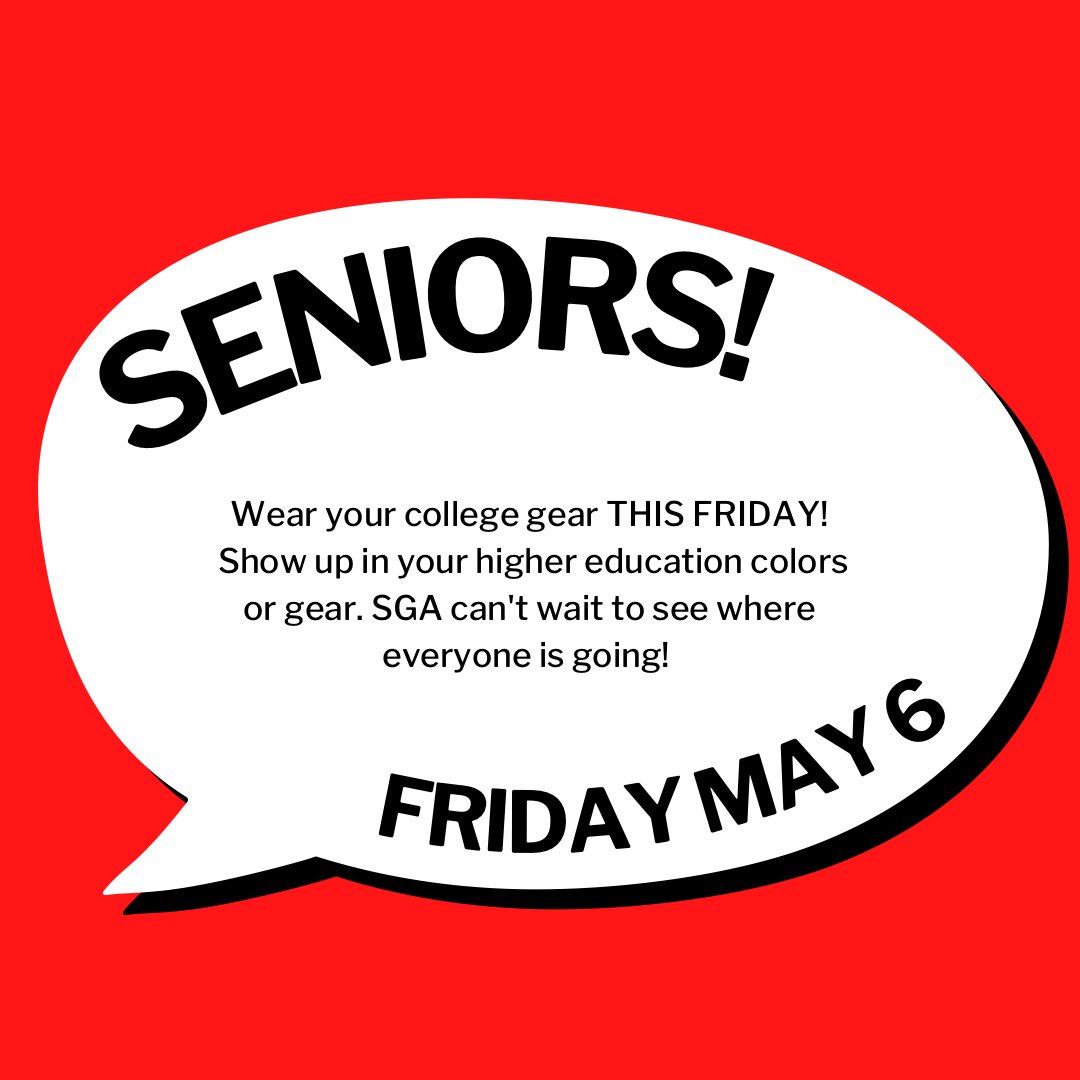centralsga's tweet photo. SENIORS! Wear your higher education gear or colors tomorrow! Graduation is almost here! 🐾❤️ https://t.co/7xCipwVVm4