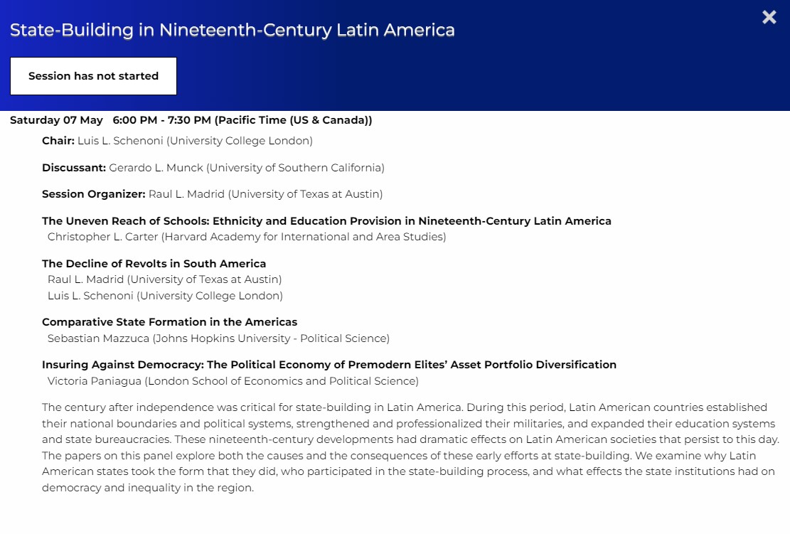 Raul Madrid (@raul_l_madrid) on Twitter photo State-Building in Nineteenth-Century Latin America
SAT. MAY 7 8PM (CDT) / 9PM (EDT)
<a href="/SLMazzuca/">Sebastian Mazzuca</a> | <a href="/llschenoni/">Luis L. Schenoni</a> | Christopher Carter | Victoria Paniagua
#LASA2022 <a href="/LASACONGRESS/">Latin American Studies Association (LASA)</a>
lasaweb.org/en/lasa2022/re⊠State-Building in Nineteenth-Century Latin America
SAT. MAY 7 8PM (CDT) / 9PM (EDT)
<a href="/SLMazzuca/">Sebastian Mazzuca</a> | <a href="/llschenoni/">Luis L. Schenoni</a> | Christopher Carter | Victoria Paniagua
#LASA2022 <a href="/LASACONGRESS/">Latin American Studies Association (LASA)</a>
lasaweb.org/en/lasa2022/reâŠ