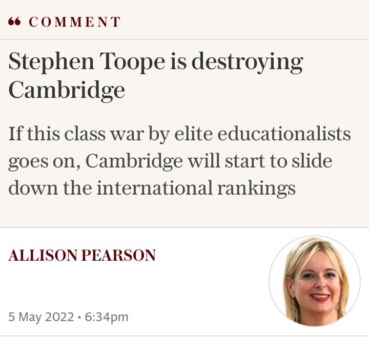Phil_Baty's tweet photo. Two articles today claiming that letting more state students into Oxbridge will damage their standing in the international rankings. I know a bit about international rankings and can confidently say that’s absolute nonsense. https://t.co/TDOMd8tqIS