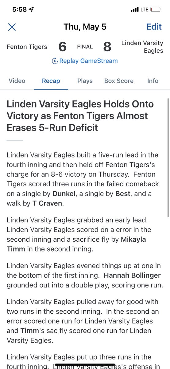 Linden_Softball's tweet photo. Varsity with an 8-6 win over Fenton and JV with a 9-2 win!! Great job ladies!!!!!! https://t.co/hWky6Lnh1e
