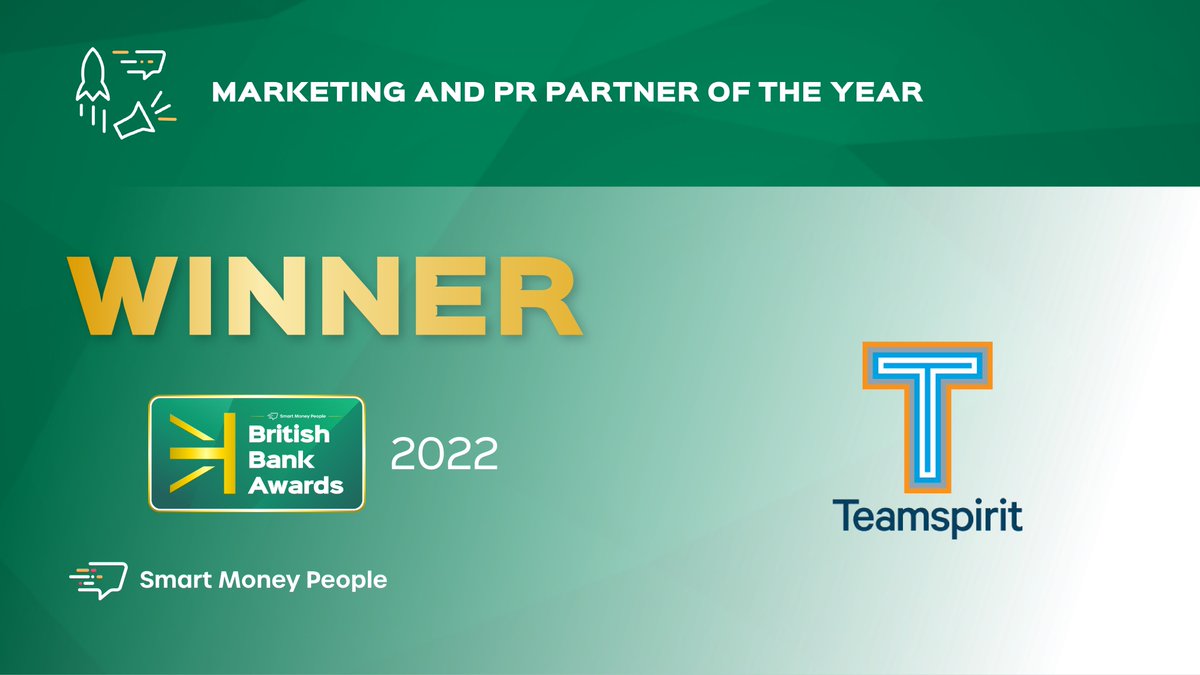 BritBankAwards's tweet photo. CONGRATULATIONS 🎉

The @BritBankAward ‘Marketing and PR Partner of the Year’ Winner 🏆 is...

@TeamspiritGroup

#BBA2022 #Awards #CustomerDecided https://t.co/0VEAX83GI8