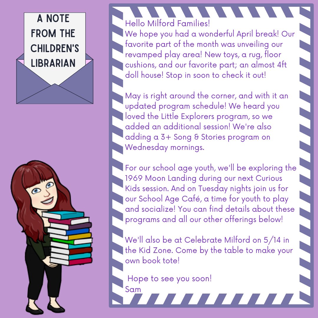 MilfordMALib's tweet photo. Did you miss our May Youth Services Newsletter? You can read it here:  https://t.co/ewYIrkh5gv 

We have some great programs happening this month, and our Summer Reading Program is fast approaching. Subscribe and never miss the latest news! https://t.co/atqfKHERYR