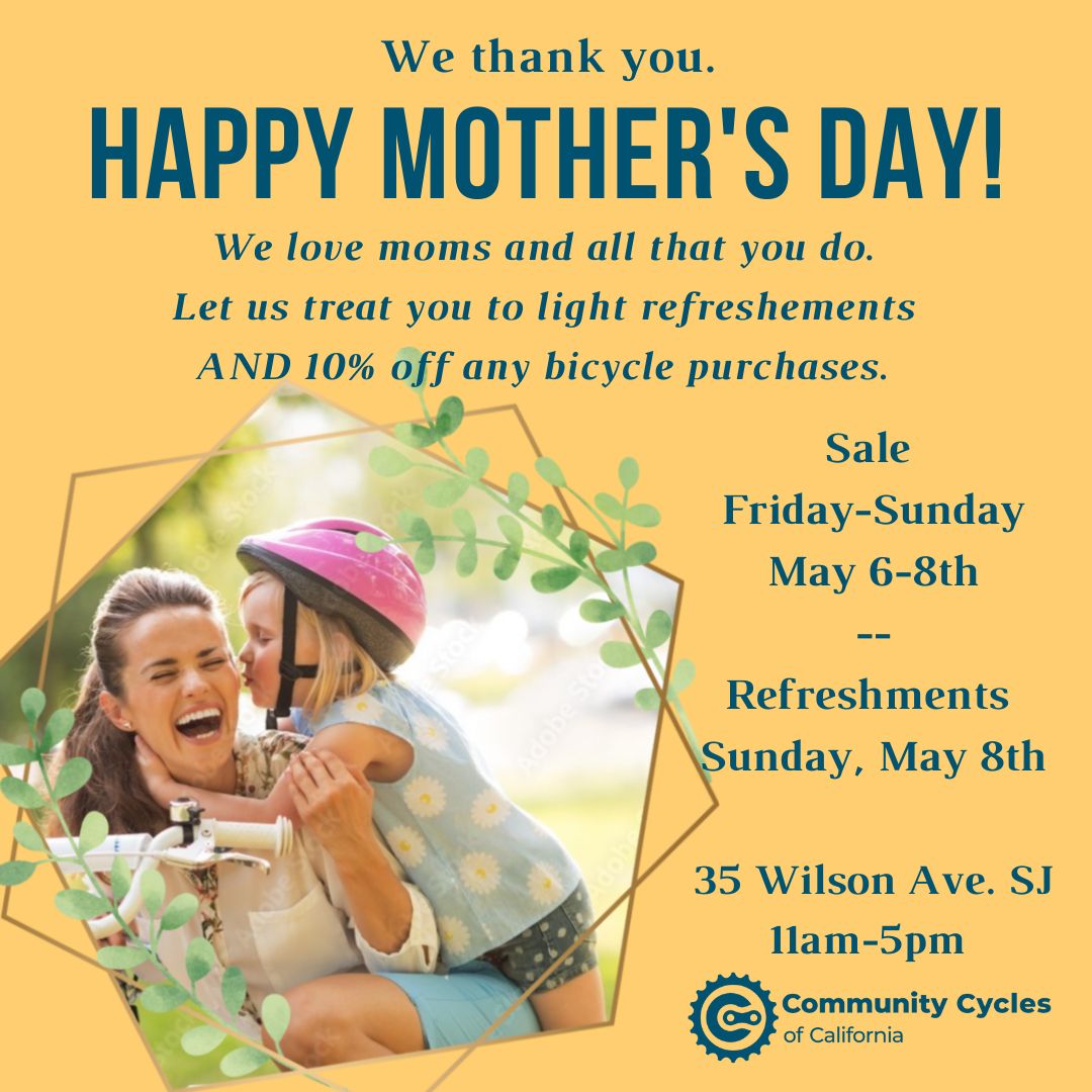 ccyclescali's tweet photo. Thanks, Moms, for all you do for us. ♥️💙🧡

#MothersDay #weloveourmoms #ccofca #nonprofit #buyabikegiveabike https://t.co/K0uH5dDIt7