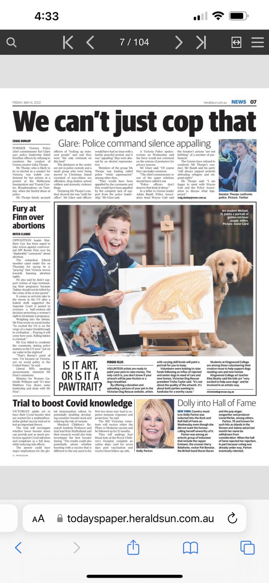 Kingswood1890's tweet photo. All students in Prep–Year 6 are participating in an exciting art project to raise funds for the Victorian Dog Rescue. The Herald Sun visited the College to take photos of Year 5 student Michael in action painting 12 week-old puppy Jethro. #beling #bettertogether #kwcanywhere https://t.co/v7VVYLL2Ly